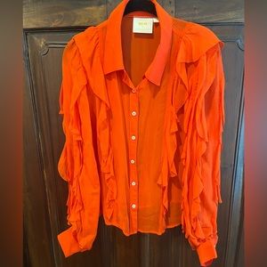 Maeve by Anthropologie orange sheer blouse with soft ruffles.